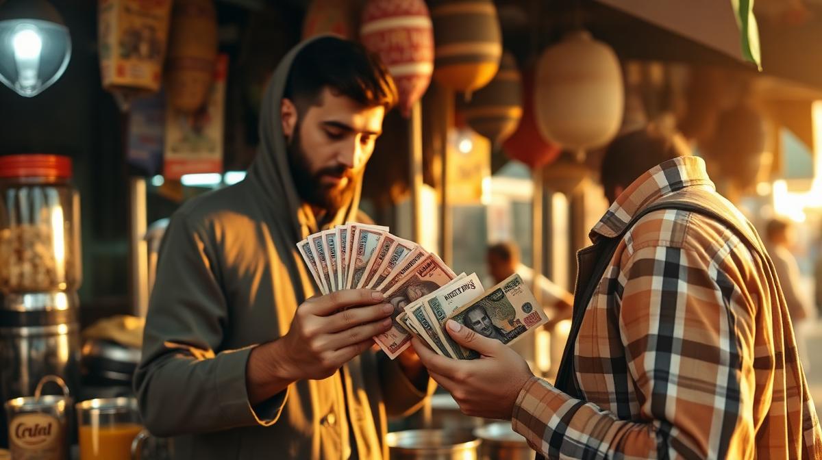 Tourist counting dirham bills at a Dubai street food stall with karak chai