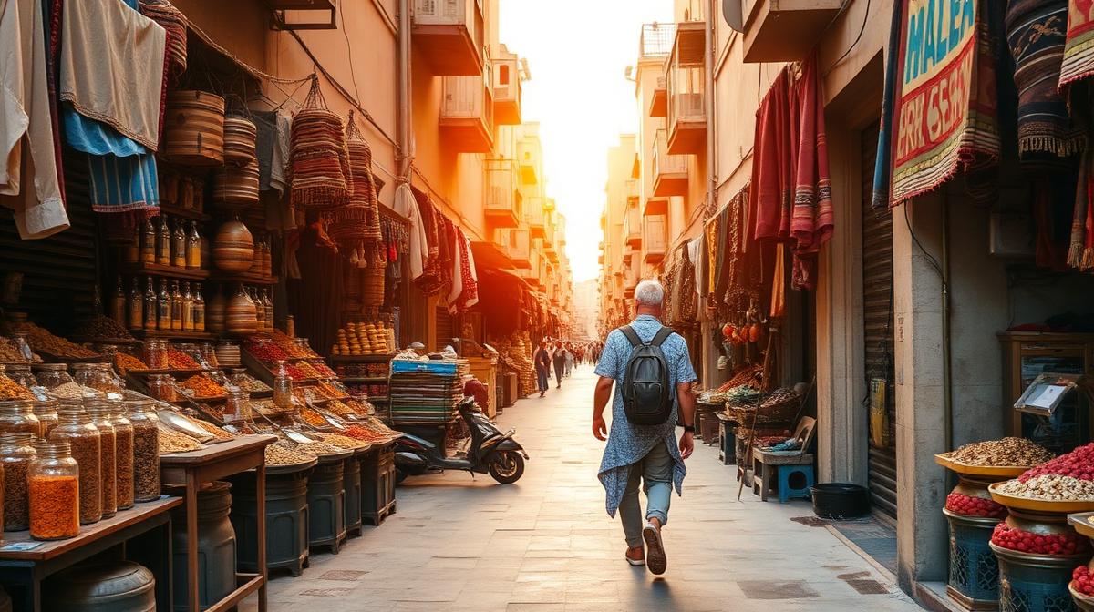 Solo traveler walking through colorful old Dubai Deira souk at golden hour