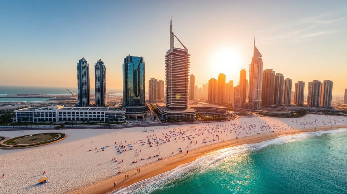 Aerial view of JBR Beach Dubai with turquoise water and Marina skyline at golden hour