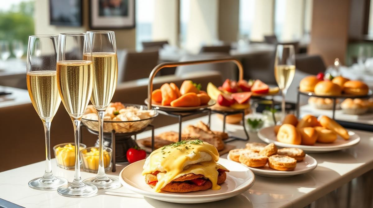 Luxury brunch buffet spread with champagne glasses and eggs benedict in Dubai hotel restaurant