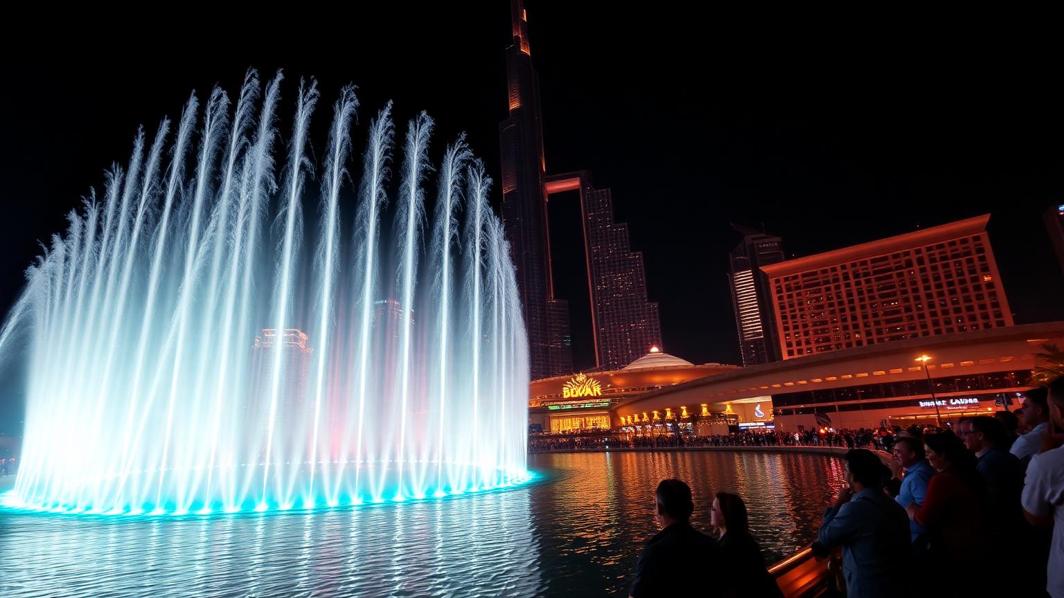 Dubai Fountain show 2026 times schedule Burj Khalifa skyline night