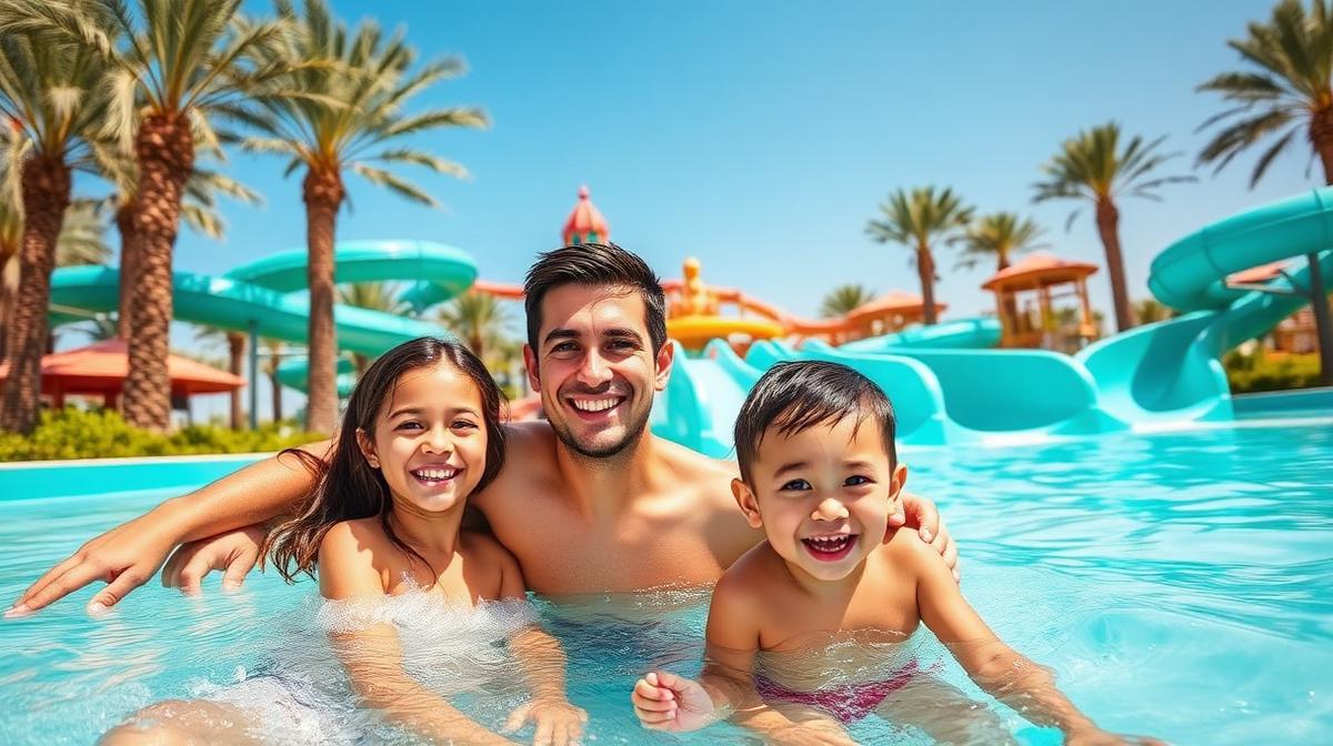 Happy family with children enjoying a waterpark in Dubai with palm trees and blue sky