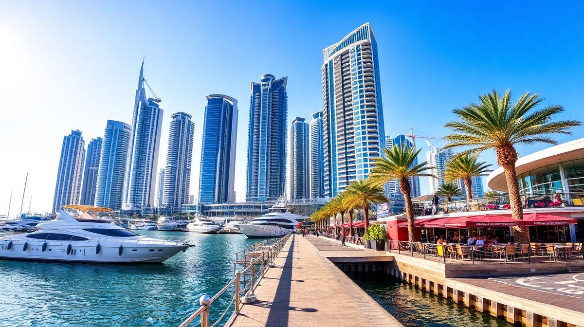 Dubai Marina waterfront promenade with yachts and skyscrapers on sunny day