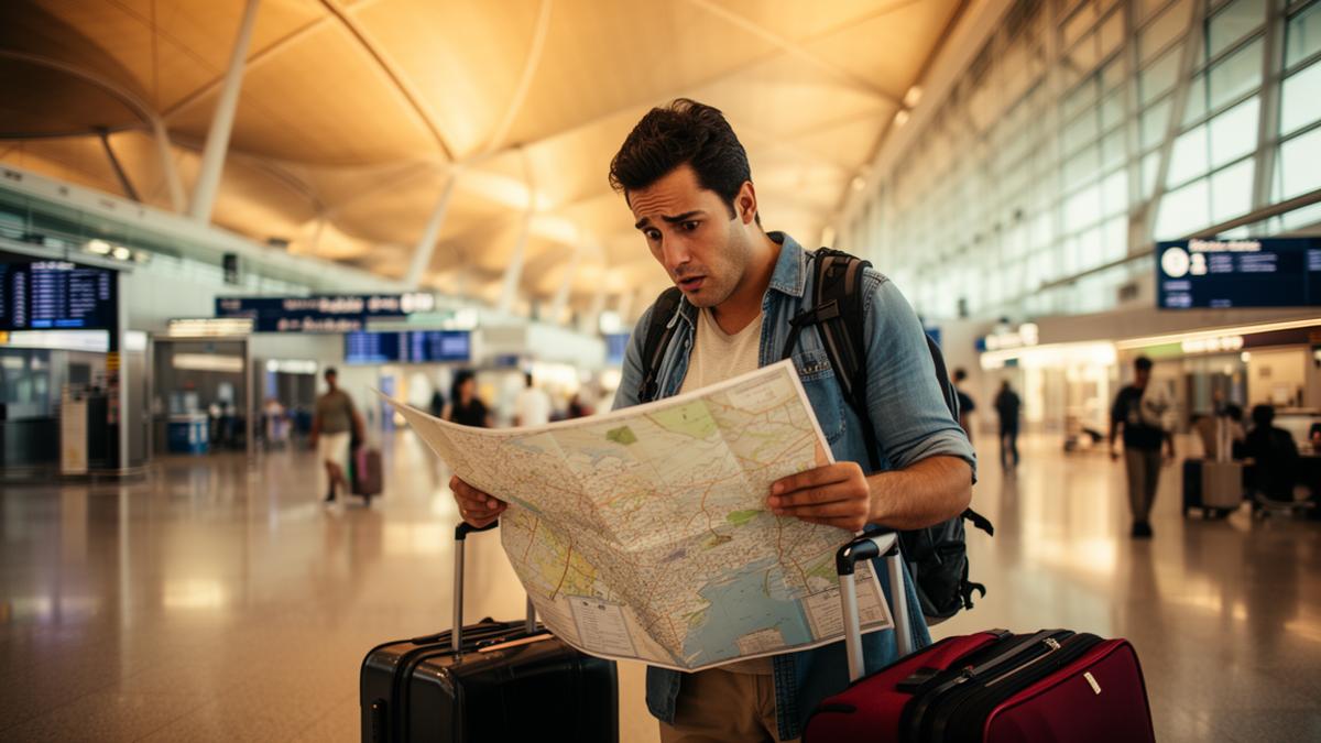 Confused tourist with map at Dubai airport arrivals