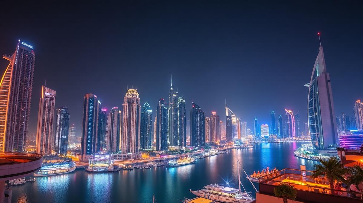 Dubai nightlife skyline with illuminated skyscrapers and marina at night