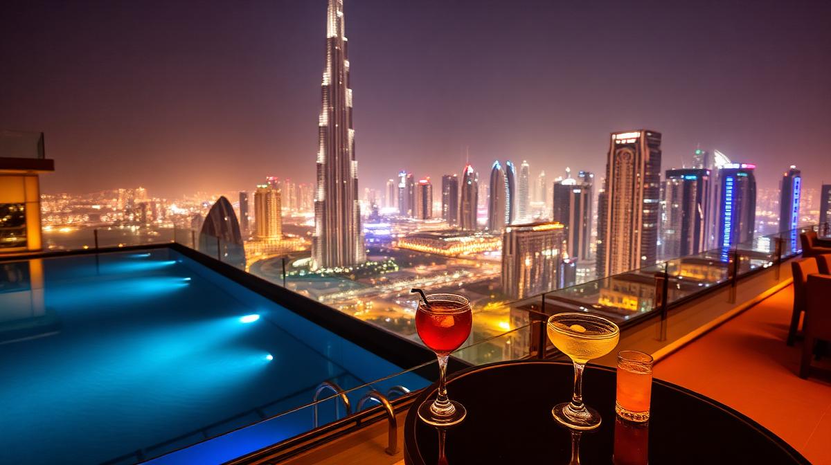 Rooftop bar in Dubai at night with cocktails and Burj Khalifa skyline view