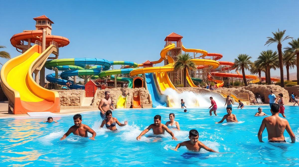 Waterpark slides and pools aerial view