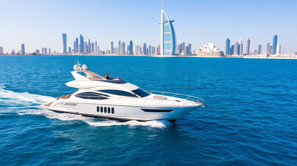 Luxury yacht on Arabian Gulf with Dubai skyline and Burj Al Arab in background
