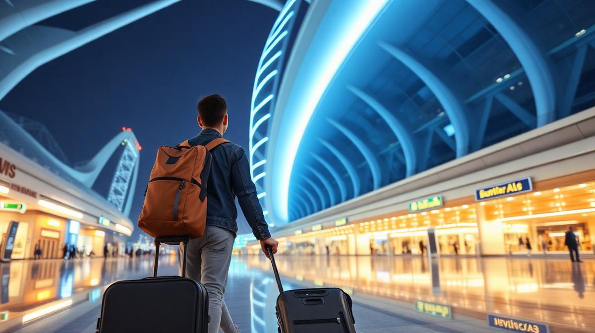 First-time tourist arriving at Dubai airport with luggage looking amazed