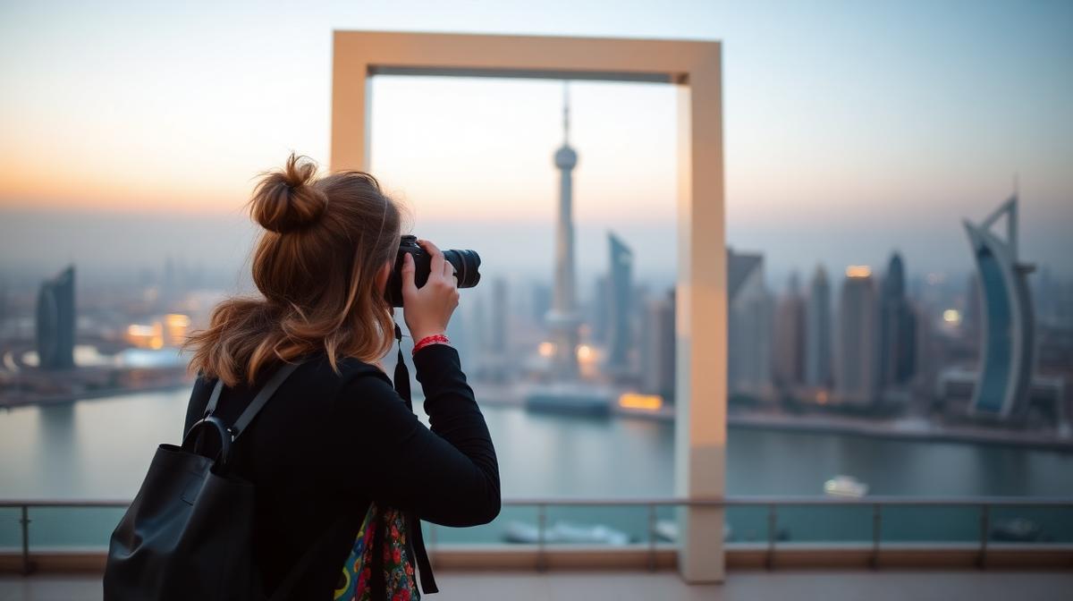 Iconic Dubai Frame landmark at golden hour
