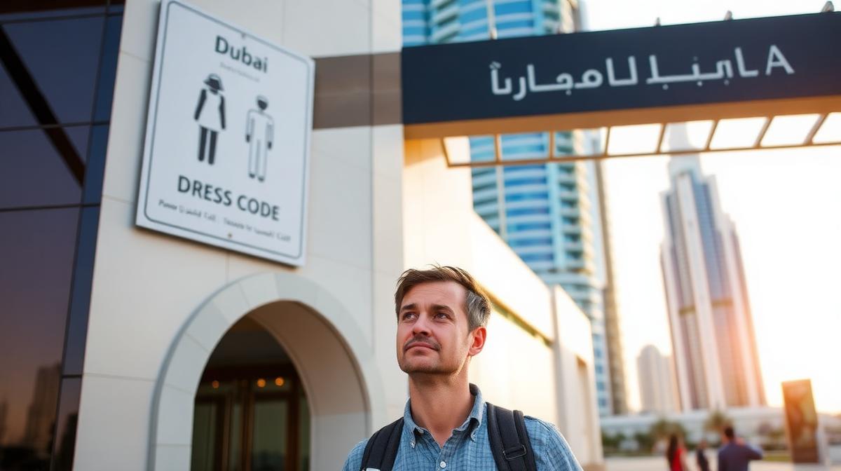 Tourist looking at Dubai dress code sign near a mosque entrance