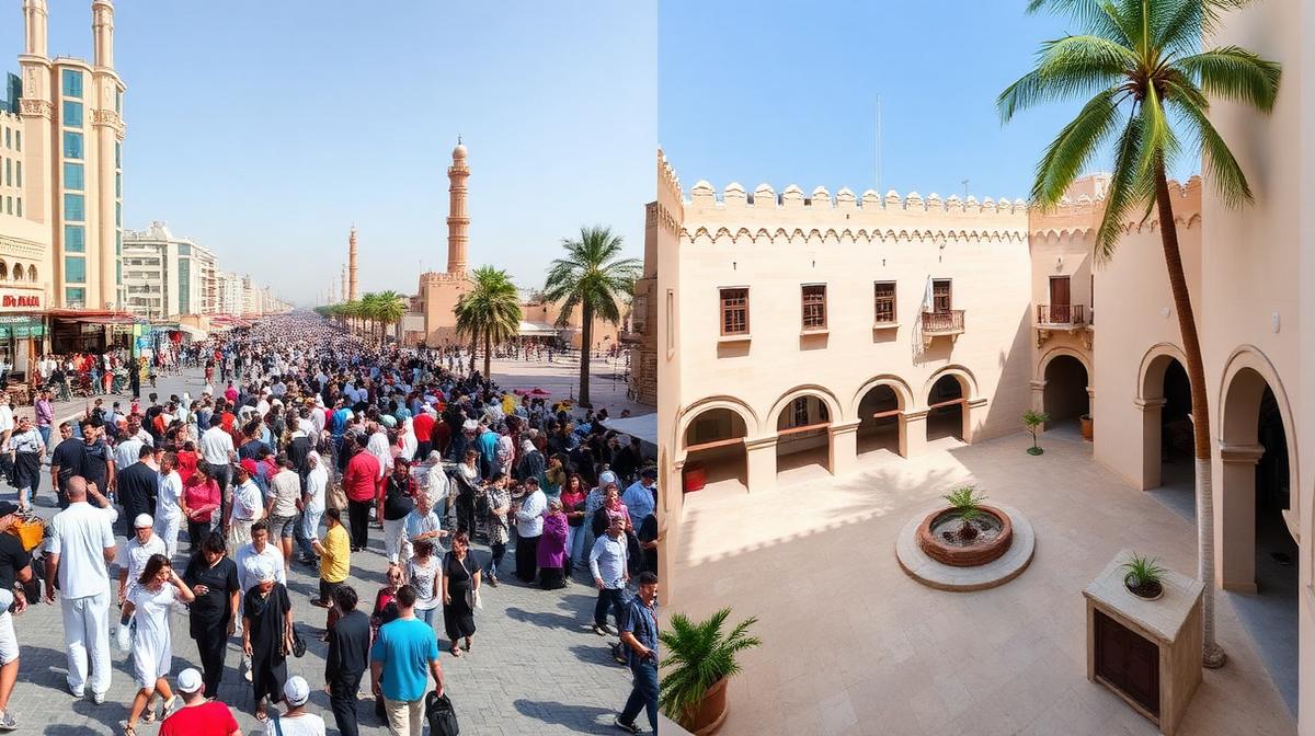 Split view of crowded tourist attraction versus peaceful hidden gem in Dubai