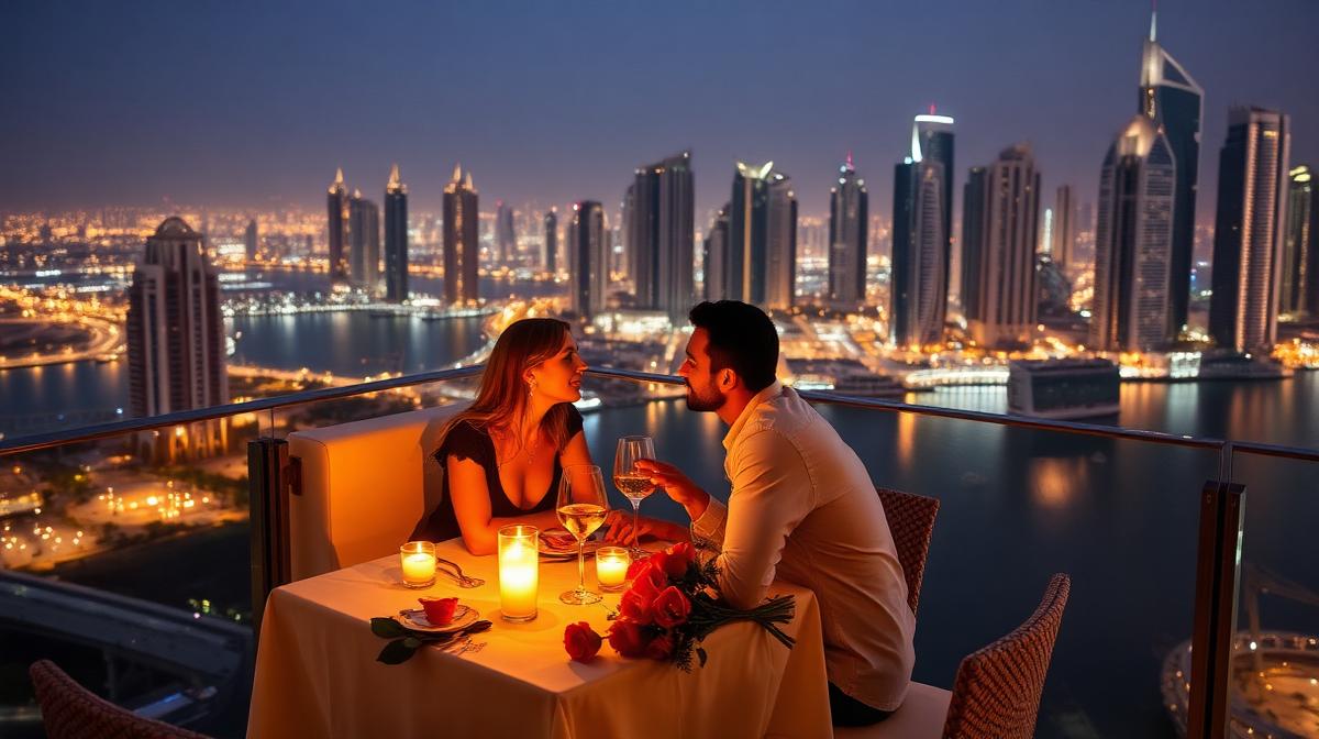 Romantic dinner setting with city views