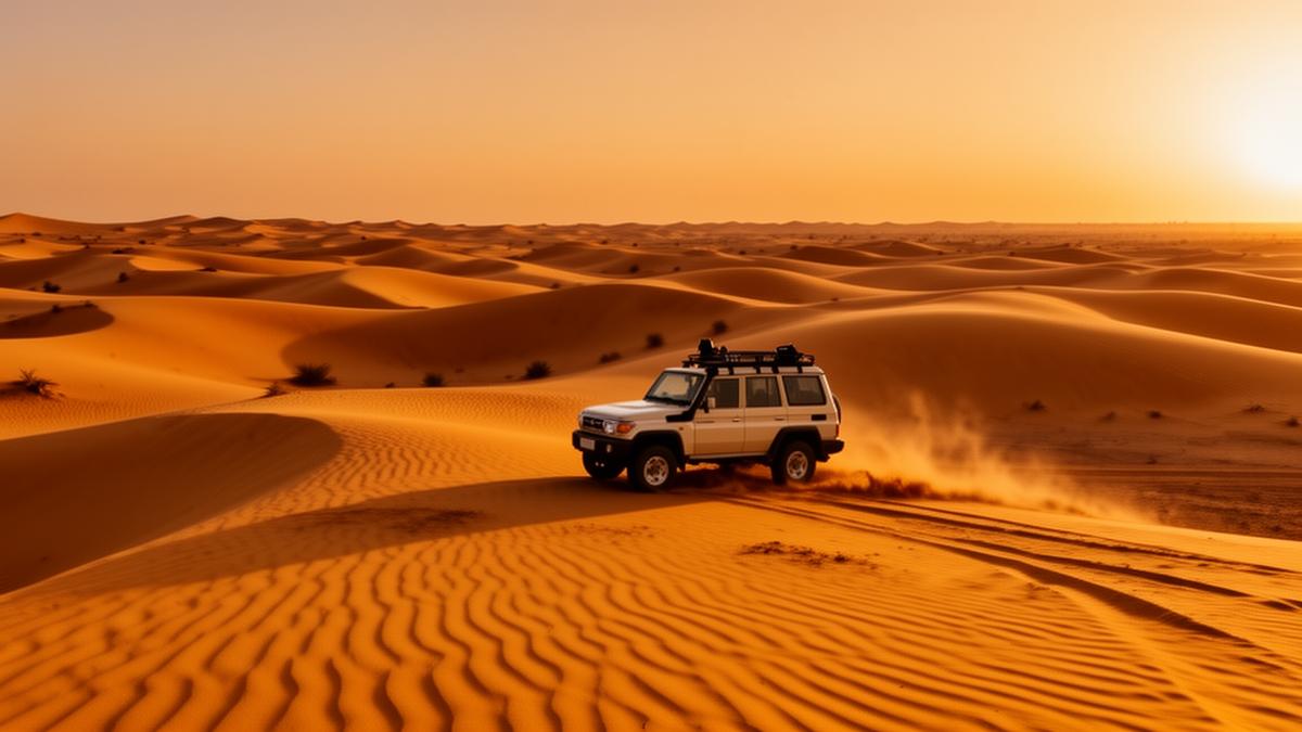 Dubai desert sand dunes at golden hour
