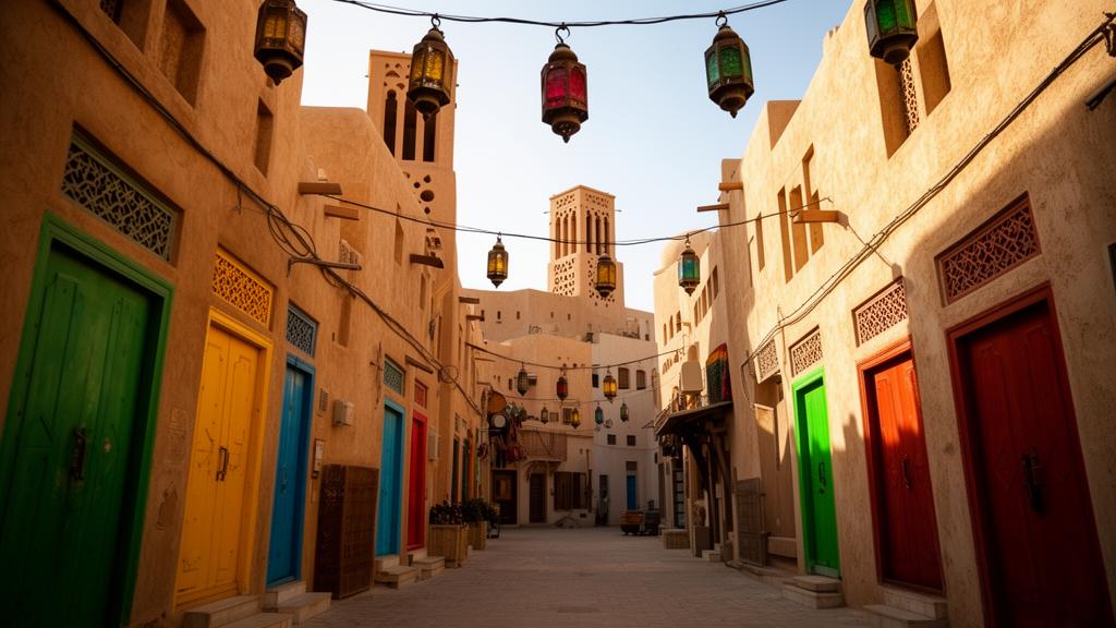 Colorful alleyway in old Dubai Al Fahidi district with traditional wind towers