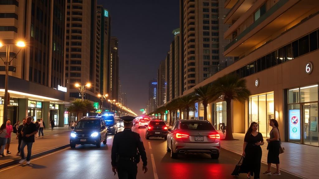 Safe well-lit Dubai street at night with tourists walking