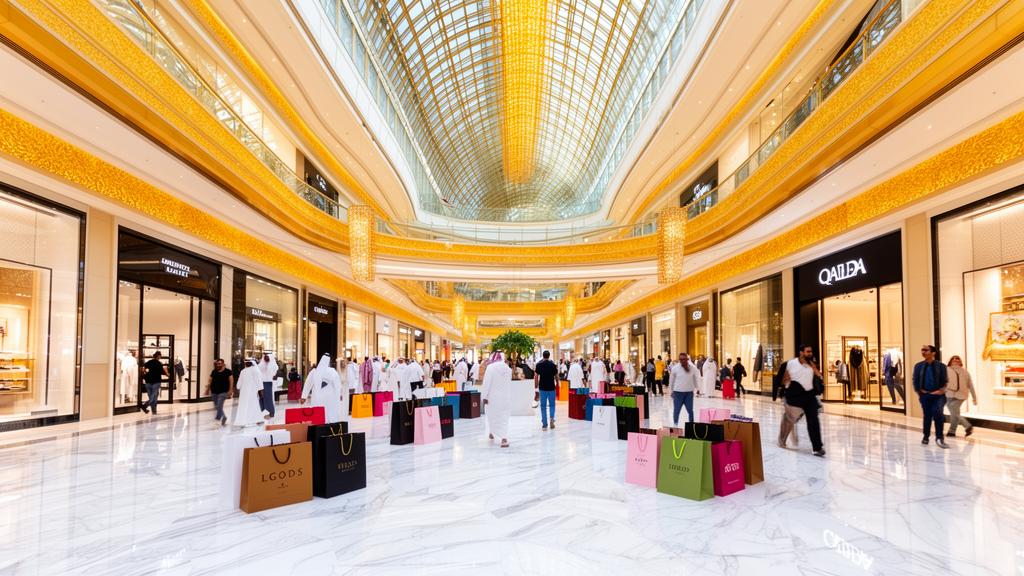 Dubai Mall grand atrium with luxury shopping stores and golden architecture