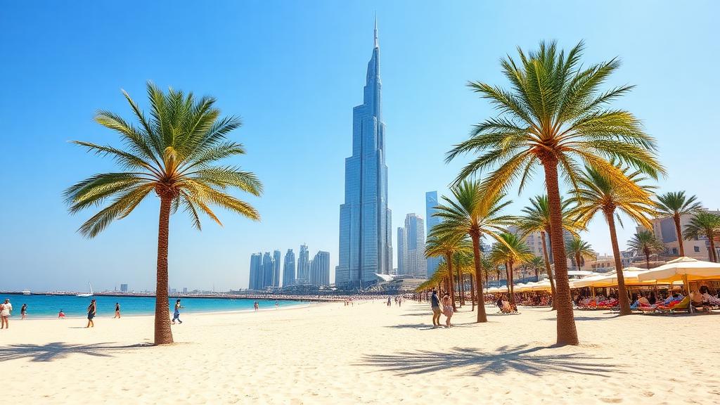 Beautiful Dubai beach with palm trees and blue sky on a sunny day