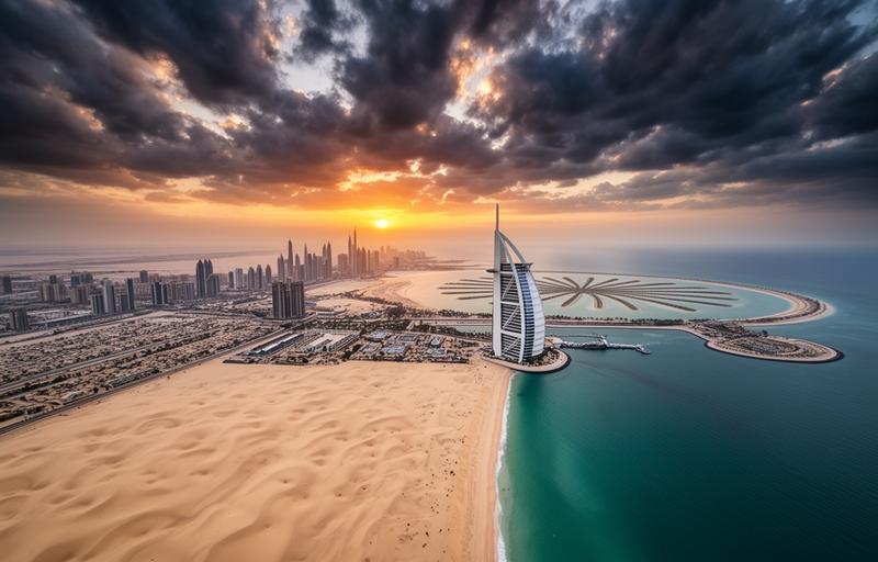 Panoramic Dubai skyline view from desert with camels at sunset