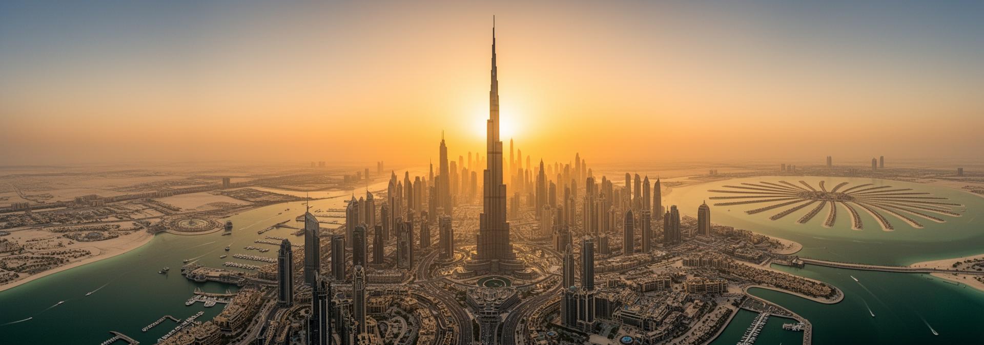 Dubai skyline at golden hour with Burj Khalifa and Downtown towers