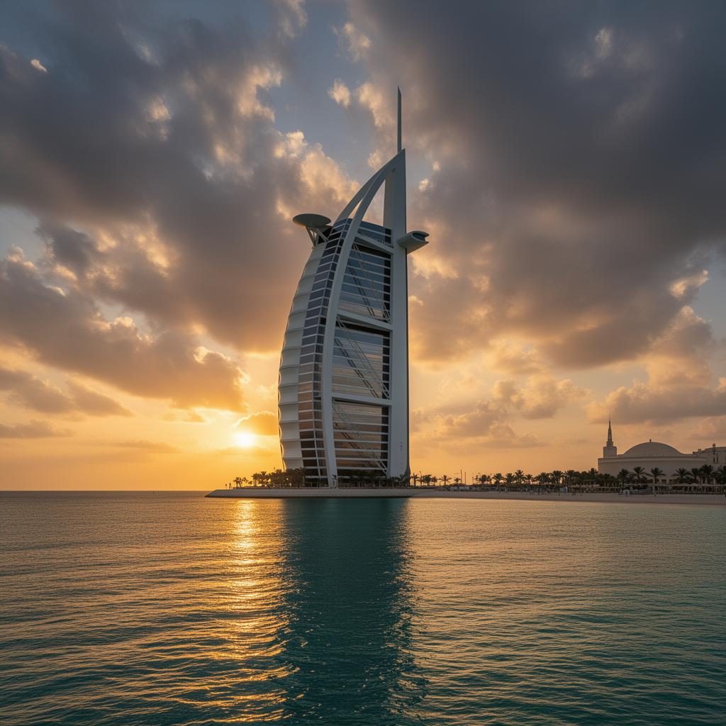 Dubai Marina skyline with boats at sunset